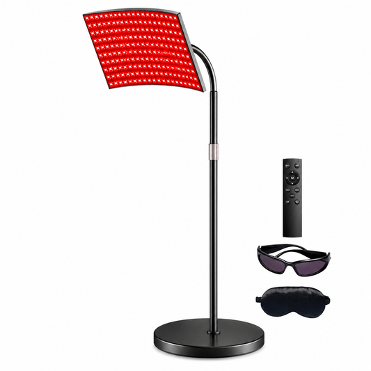 LumiStand Pro full body red light therapy lamp with 660nm and 850nm LEDs, remote and goggles